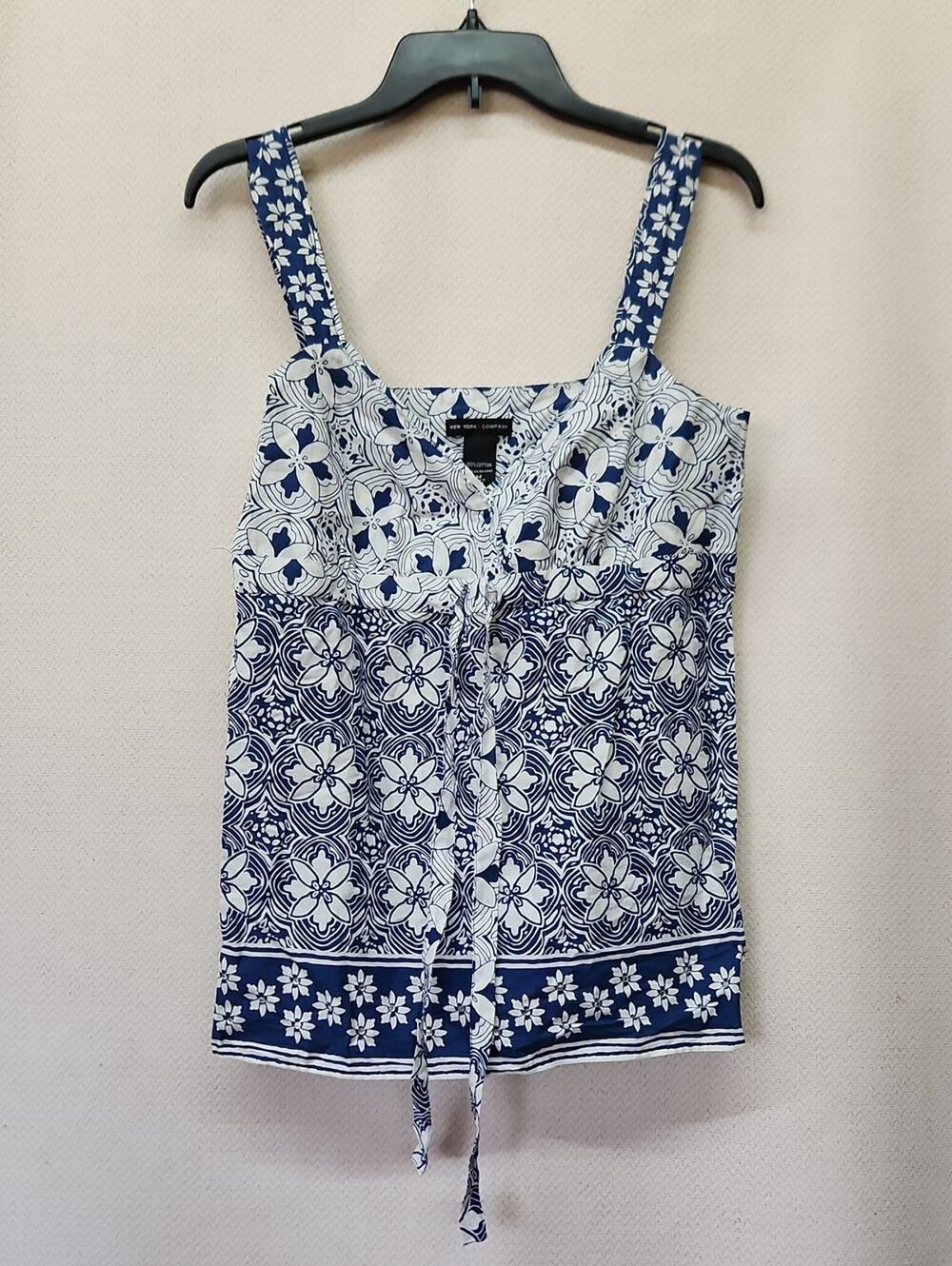 New York & Company Navy and White Floral Tie-Front Camisole